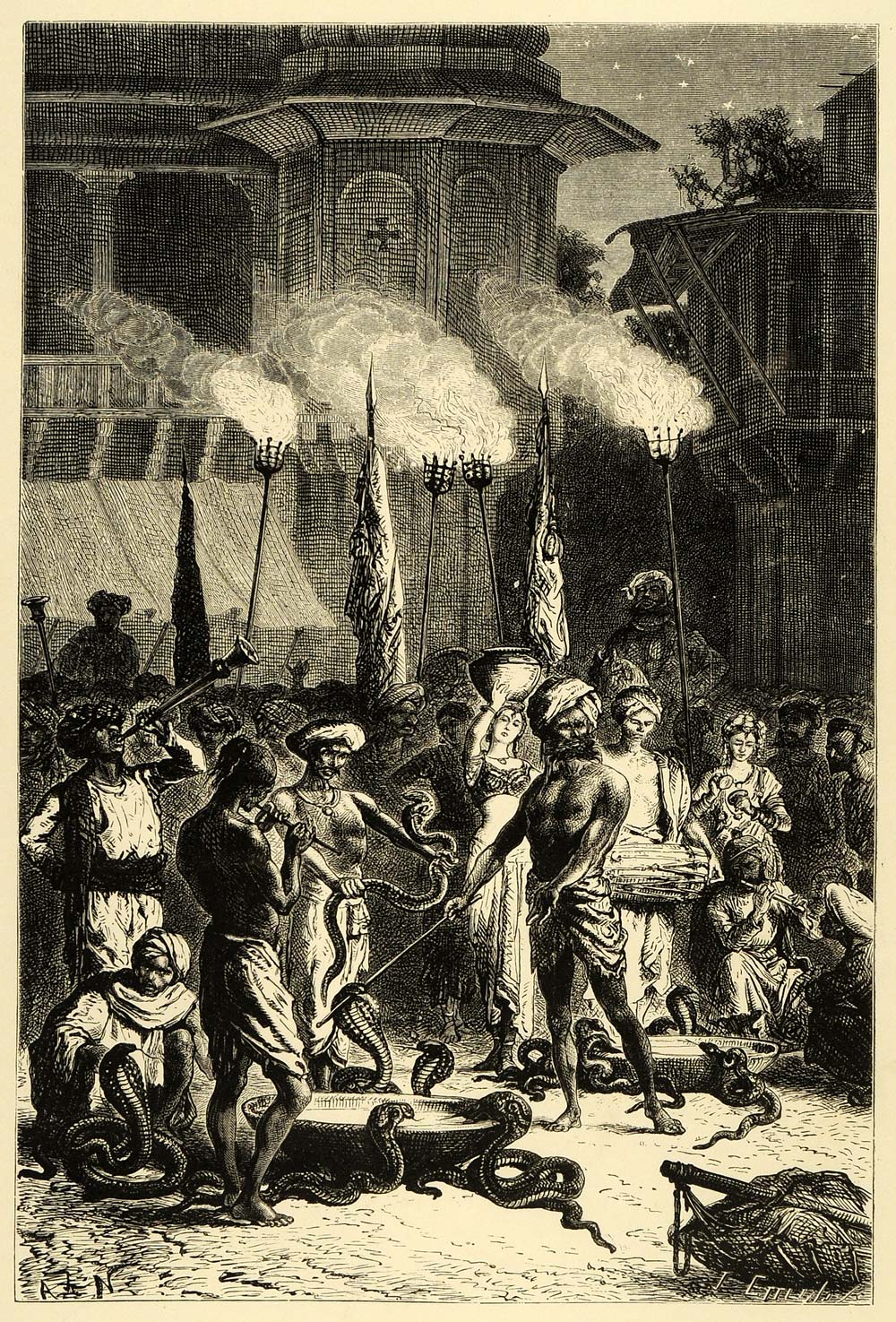 1878 Wood Engraving Mumbai Nag Panchami Hindu Religion Serpent Costume XGA4