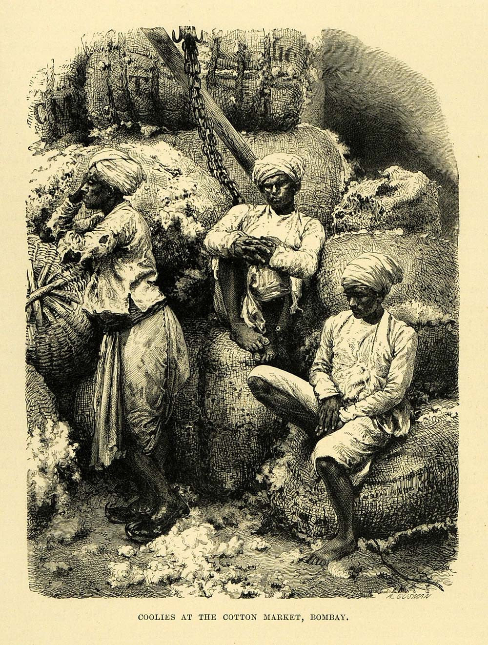 1878 Wood Engraving Cotton Market Bombay Mumbai India Bazaar Bale Indian XGA4 - Period Paper
