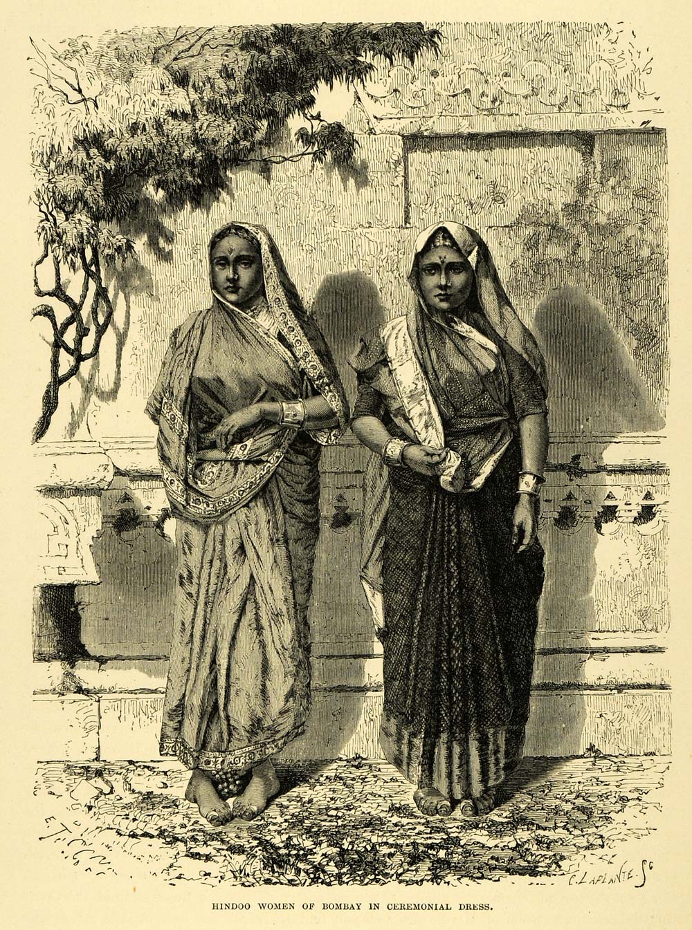 1878 Wood Engraving Hindu Women Bombay Mumbai India Ceremony Dress Costume XGA4