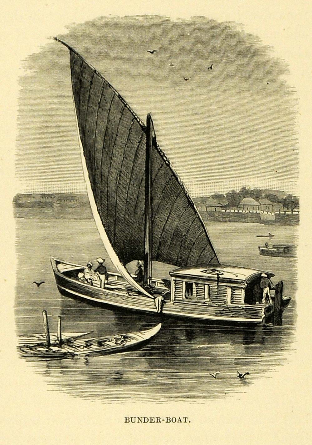 1878 Wood Engraving Bunder Boat Sailing India Water Indian Asia Figures Art XGA4
