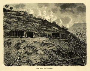 1878 Wood Engraving Hill Kenhari India Archaeological Cave Hill Landscape XGA4