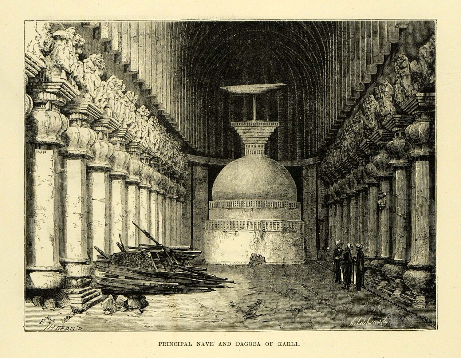1878 Wood Engraving Dagoba Karla Cave Karli Lonavala Nave Therond Religious XGA4