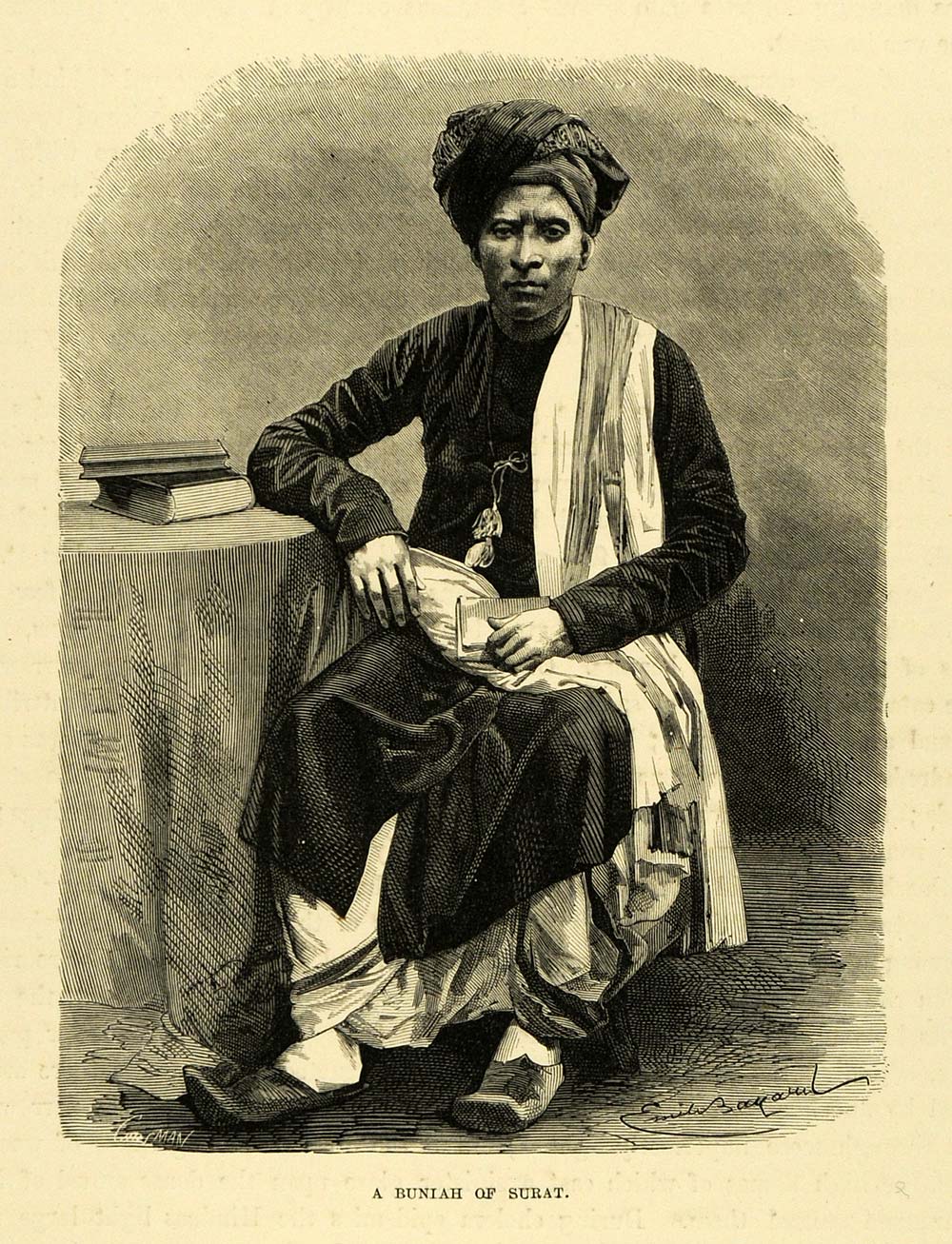 1878 Wood Engraving Buniah Surat India Portrait Turban Fashion Art Indian XGA4