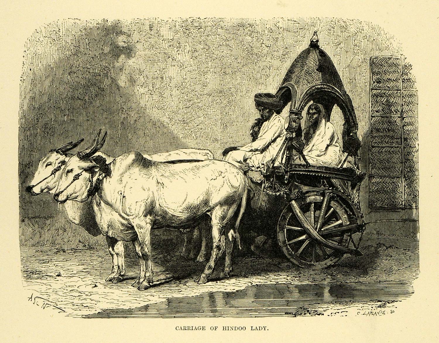 1878 Wood Engraving Carriage Hindu Lady Oxen Animal Cart Religious Art XGA4