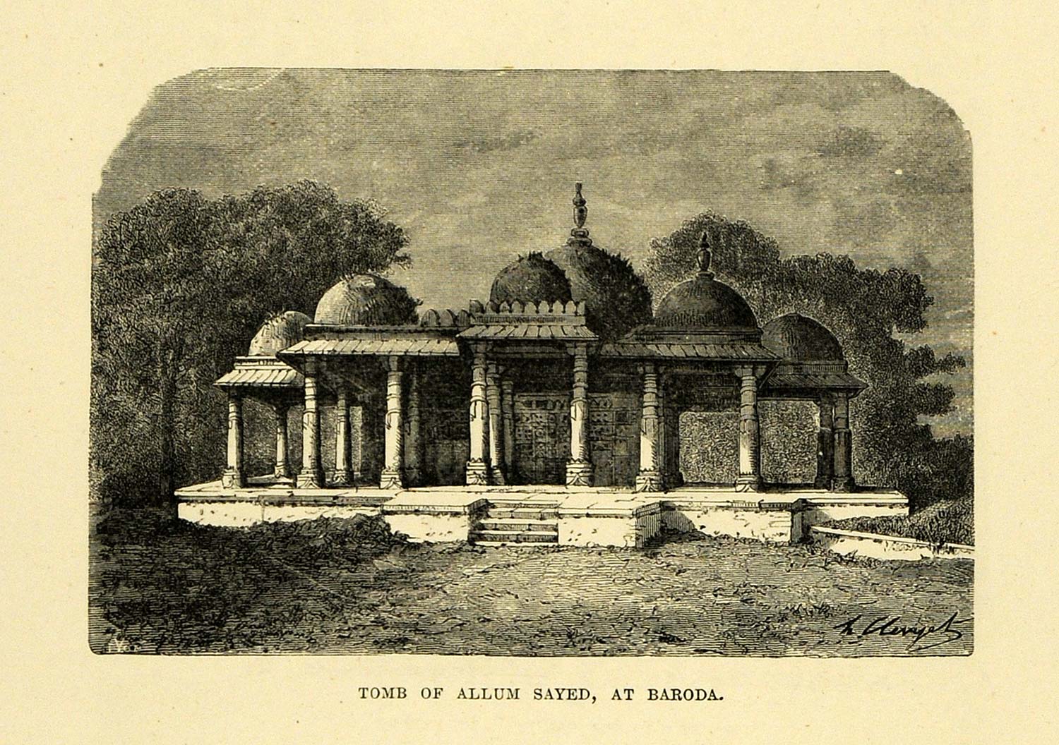 1878 Wood Engraving Tomb Allum Sayed Baroda Vadodara Burial Site India XGA4