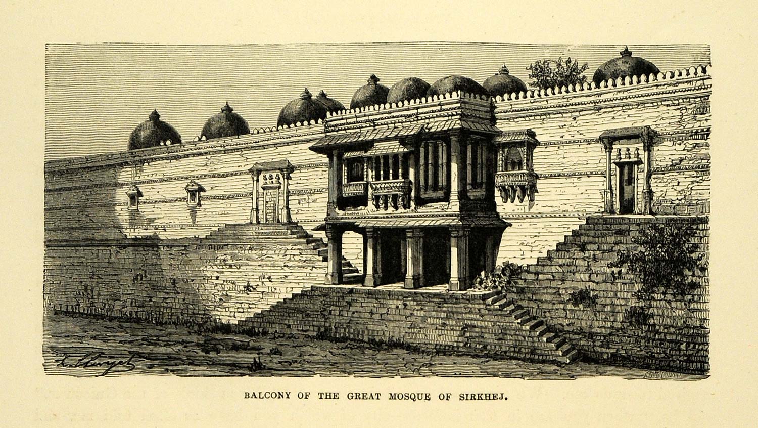 1878 Wood Engraving Balcony Great Mosque Sirkhej India Gujaret Sarkhej XGA4