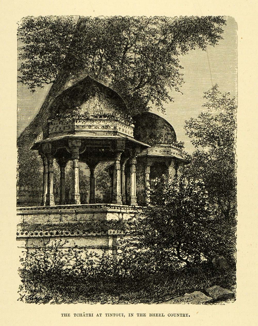 1878 Wood Engraving Tchatri Tintoui Bheel Architecture Chhatri Pavilion XGA4
