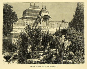 1878 Wood Engraving Palace Island Jugnavas Udaipur India Architecture Ruins XGA4