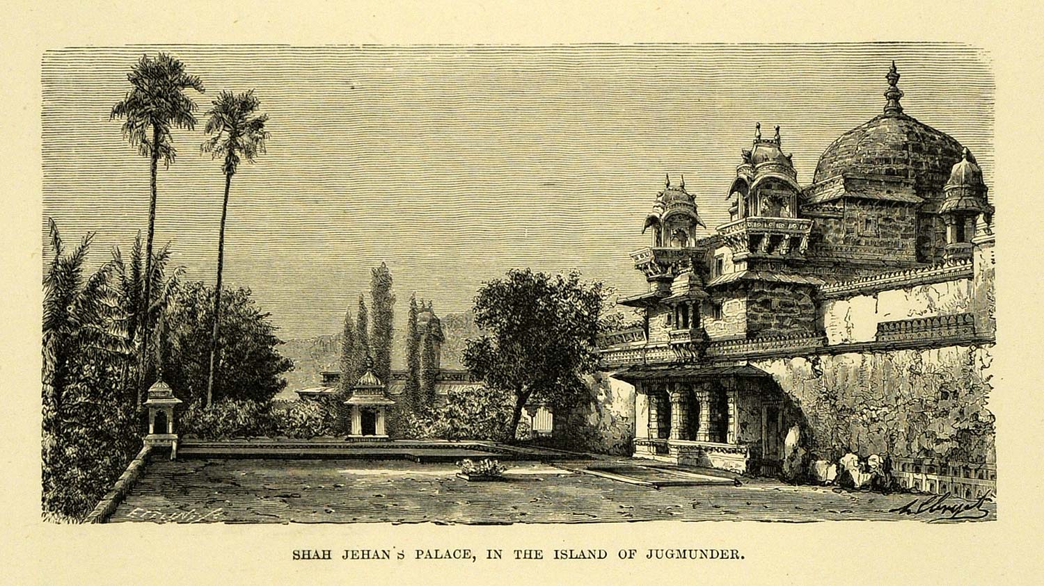 1878 Wood Engraving Shah Jehan Palace Jag Mandir Castle Lake Pichola Art XGA4