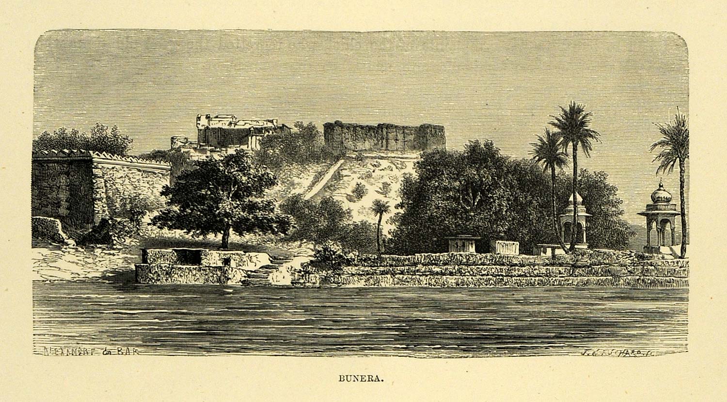 1878 Wood Engraving Bunera Rajasthan India Architecture Temple Alexandre de XGA4