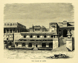 1878 Wood Engraving Palace Ambir Amer India Fort Amber Architecture XGA4