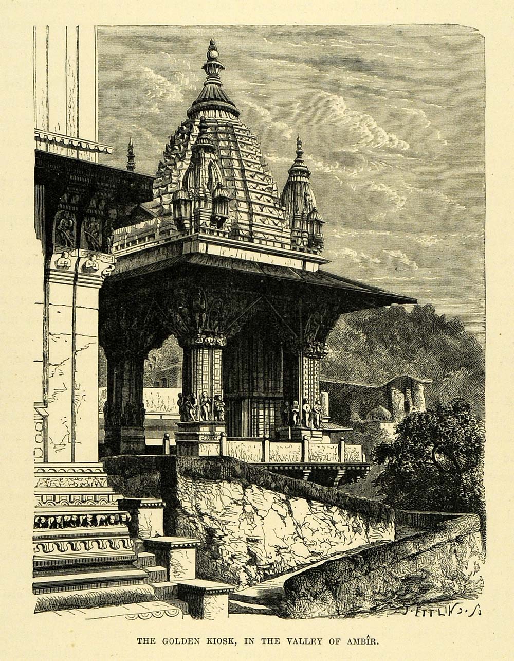 1878 Wood Engraving Golden Kiosk Temple Valley Amer Jaipur Rajasthan India XGA4