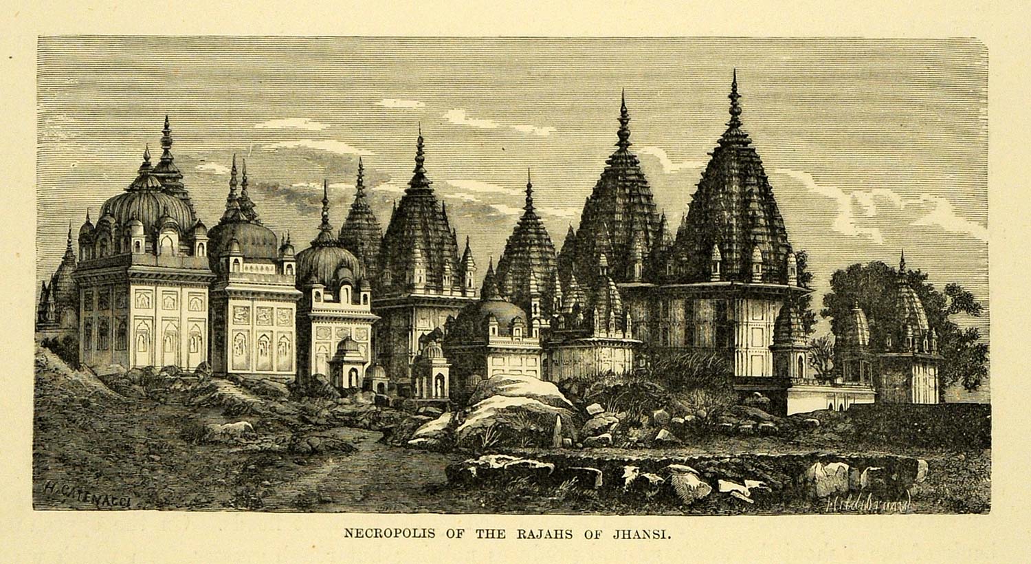 1878 Wood Engraving Necropolis Burial Jhansi Rajah Royalty Cemetery India XGA4