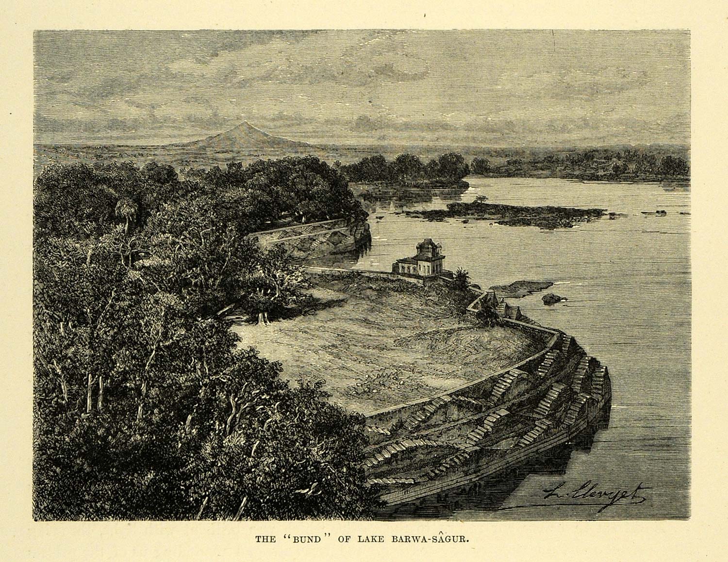 1878 Wood Engraving Bund Dam Lake Barwa Sagur Sagar Landscape Forest India XGA4
