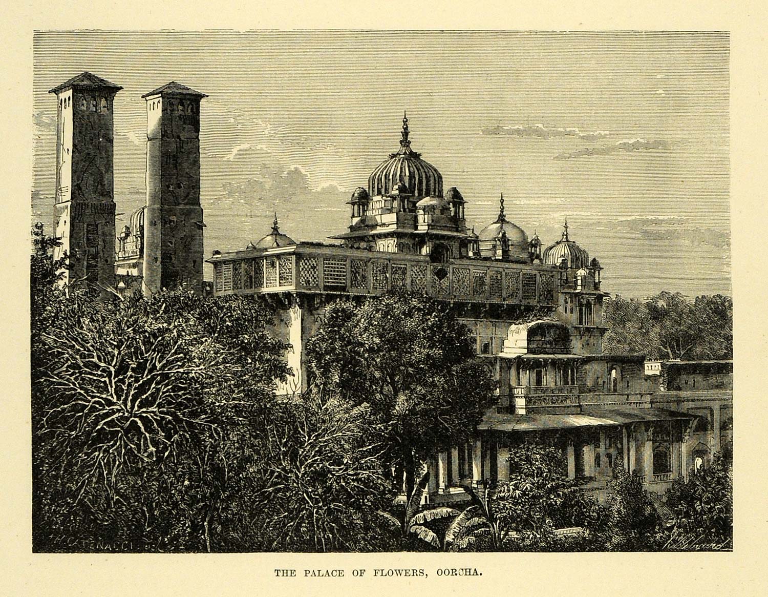 1878 Wood Engraving Oorcha Orchha India Palace Flowers Architecture Royalty XGA4