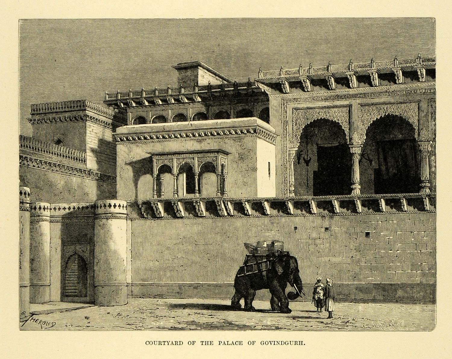 1878 Wood Engraving Rewah Govindgarh Summer Palace India Elephant Courtyard XGA4