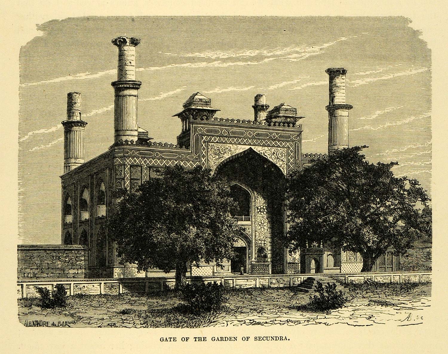 1878 Wood Engraving Gate Garden Secundra India Agra Architecture Sikandra XGA4