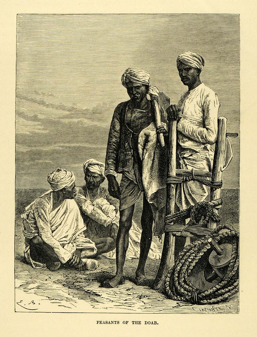 1878 Wood Engraving Peasants Doab Ganges Yamuna River Portrait India Art XGA4
