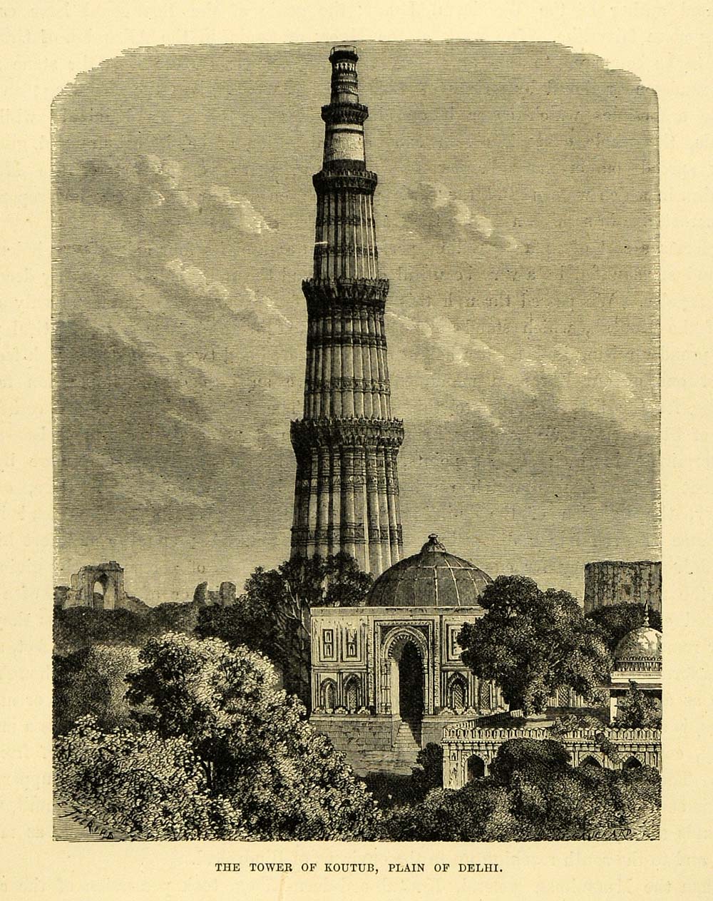 1878 Wood Engraving Tower Koutub Delhi Qutb India Complex Architecture XGA4