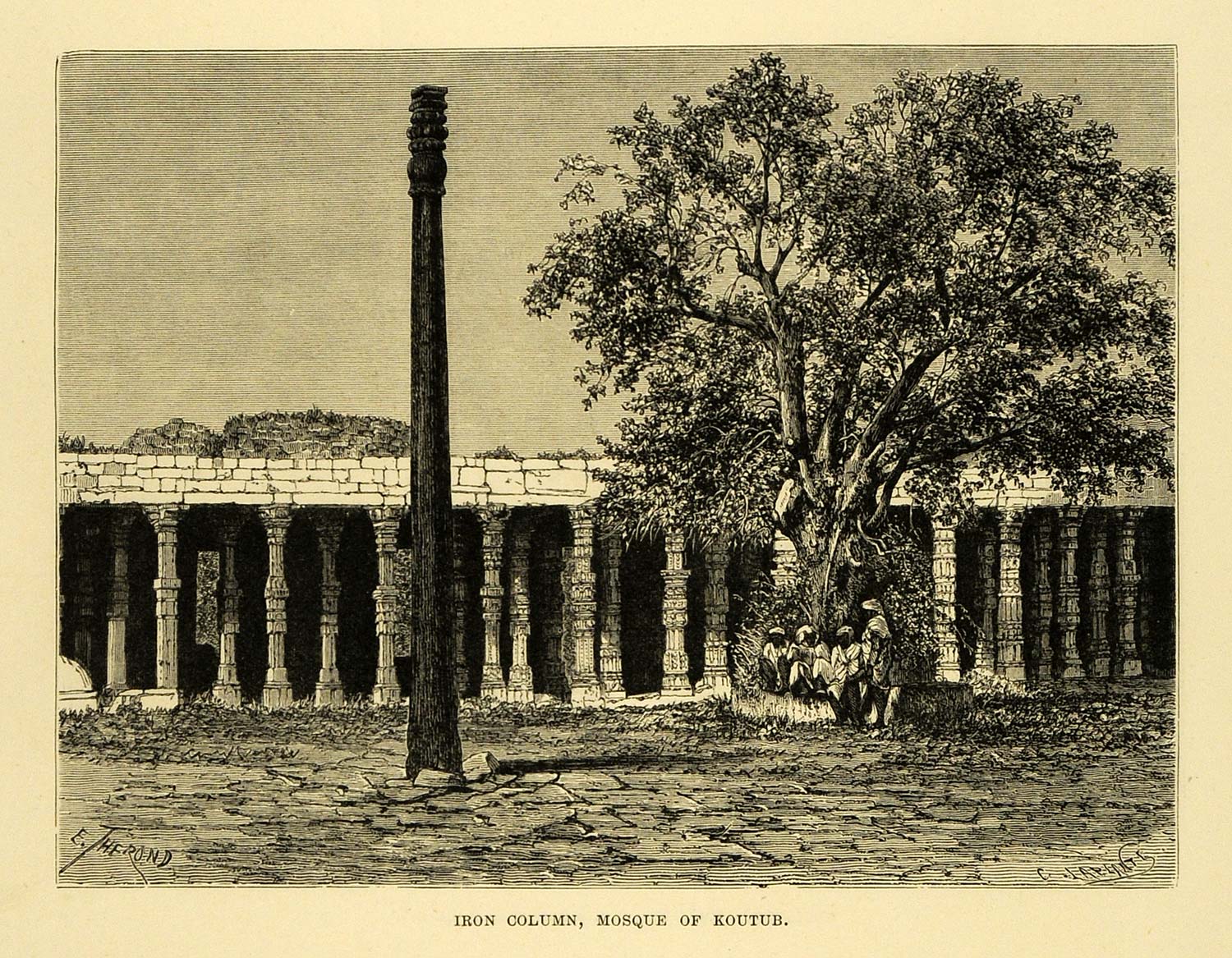 1878 Wood Engraving Qutb Iron Column Delhi India Architecture Pillar Temple XGA4