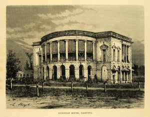 1878 Wood Engraving European House Calcutta Kolkata India Architecture XGA4