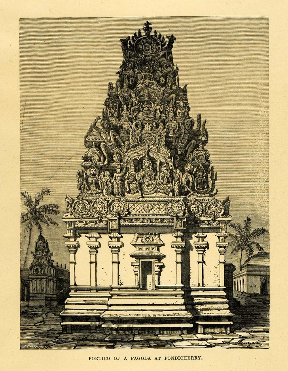 1878 Wood Engraving Portico Pagoda Pondicherry India Sculpture Religion XGA4
