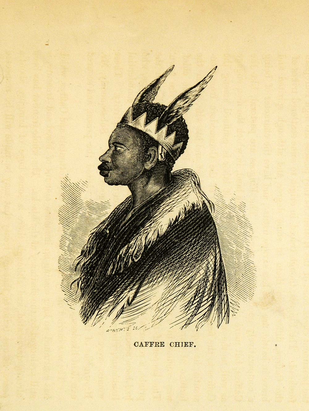 1857 Wood Engraving Caffre Chief South Africa Racist Portrait Perry XGA5
