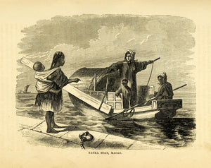 1857 Wood Engraving Tanka Boat Macao China Fishing Houseboat Perry XGA5