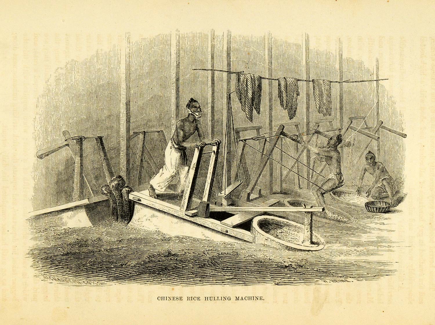 1857 Wood Engraving Antique Chinese Hulling Machine M. C. Perry Japan XGA5