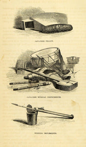 1857 Wood Engraving Native Japanese Pillow Musical Instrument Perry XGA5