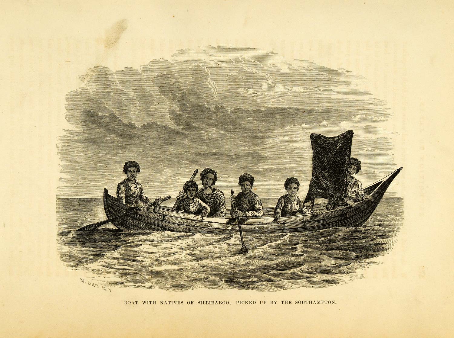 1857 Wood Engraving Sillibaboo Natives Boat Southampton Rescue Perry XGA5