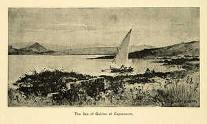 1890 Wood Engraving Sea Galilee Capernaum Religious City Holy Land Sailboat XGA7