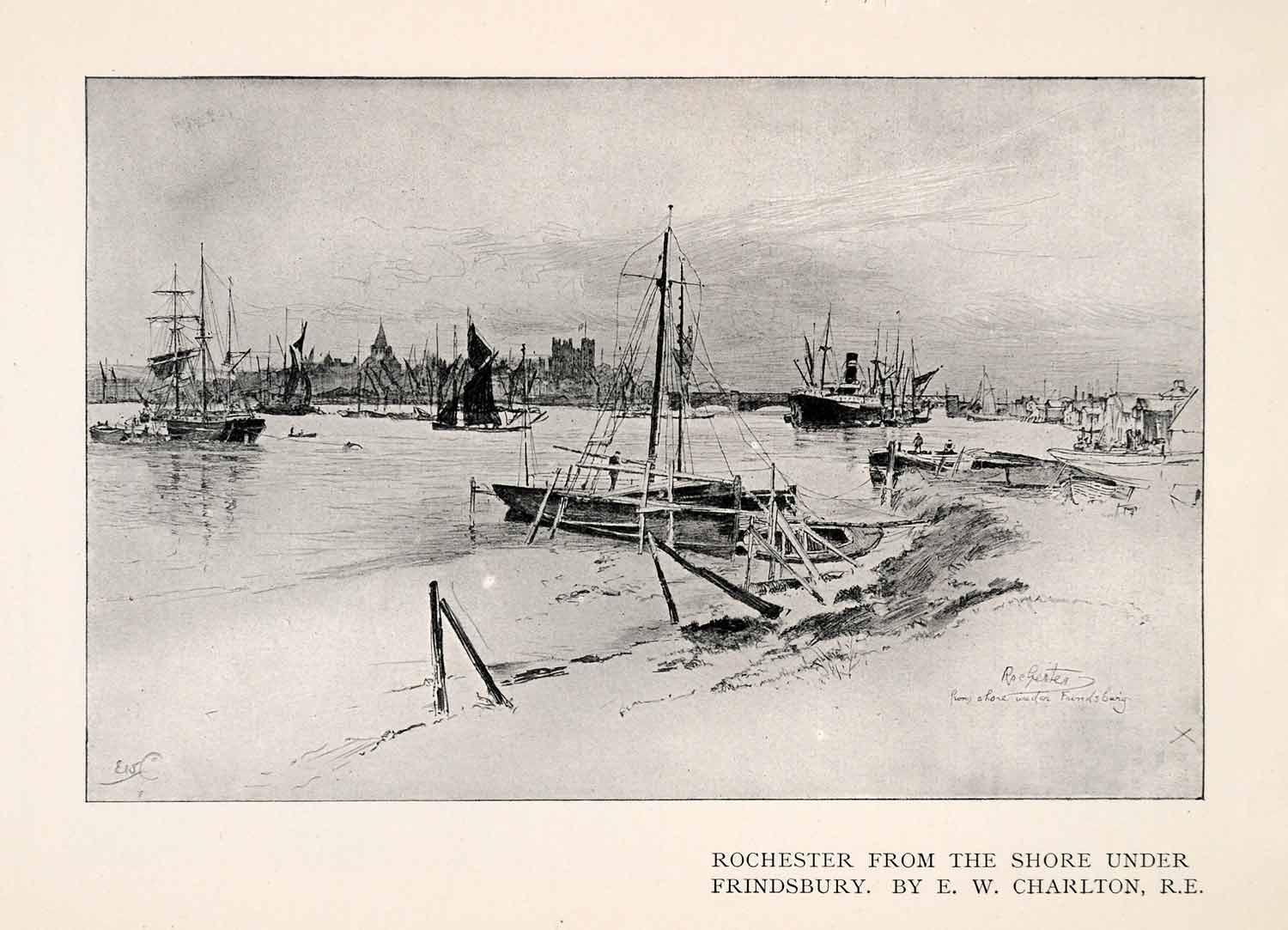 1909 Print Rochester Shore Frindsbury Charlton England Sail Boat Shore XGAA7