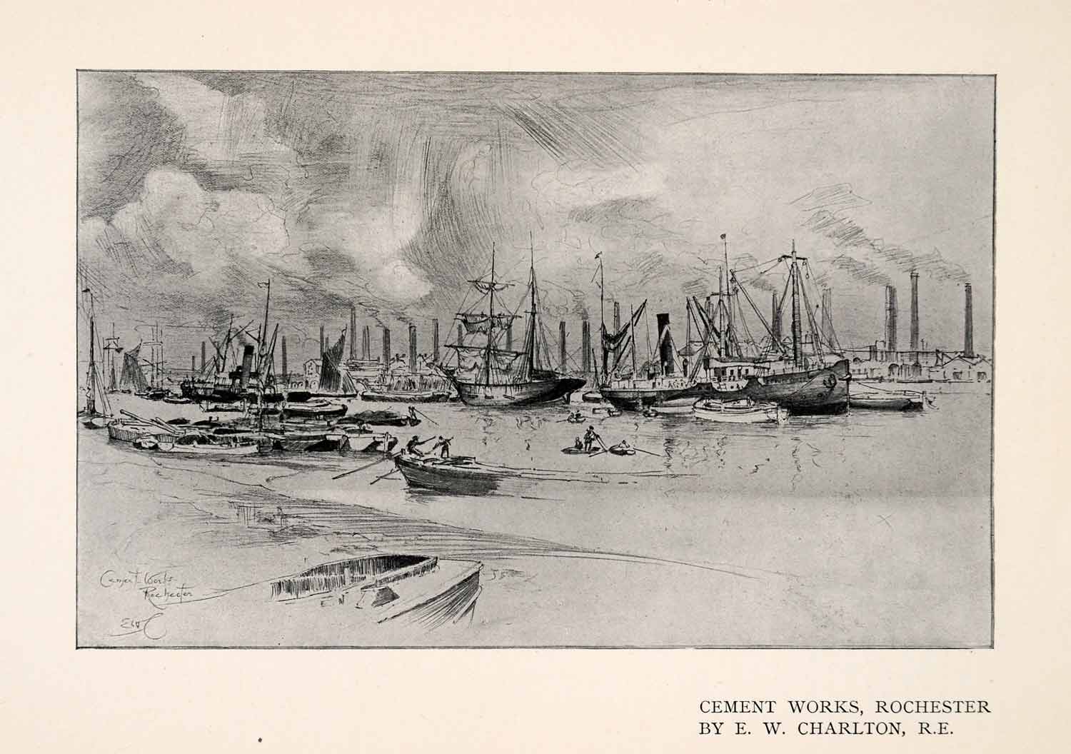 1909 Print Cement Wrks Rochester Charlton Shore Port Boat Sail Ship Beach XGAA7
