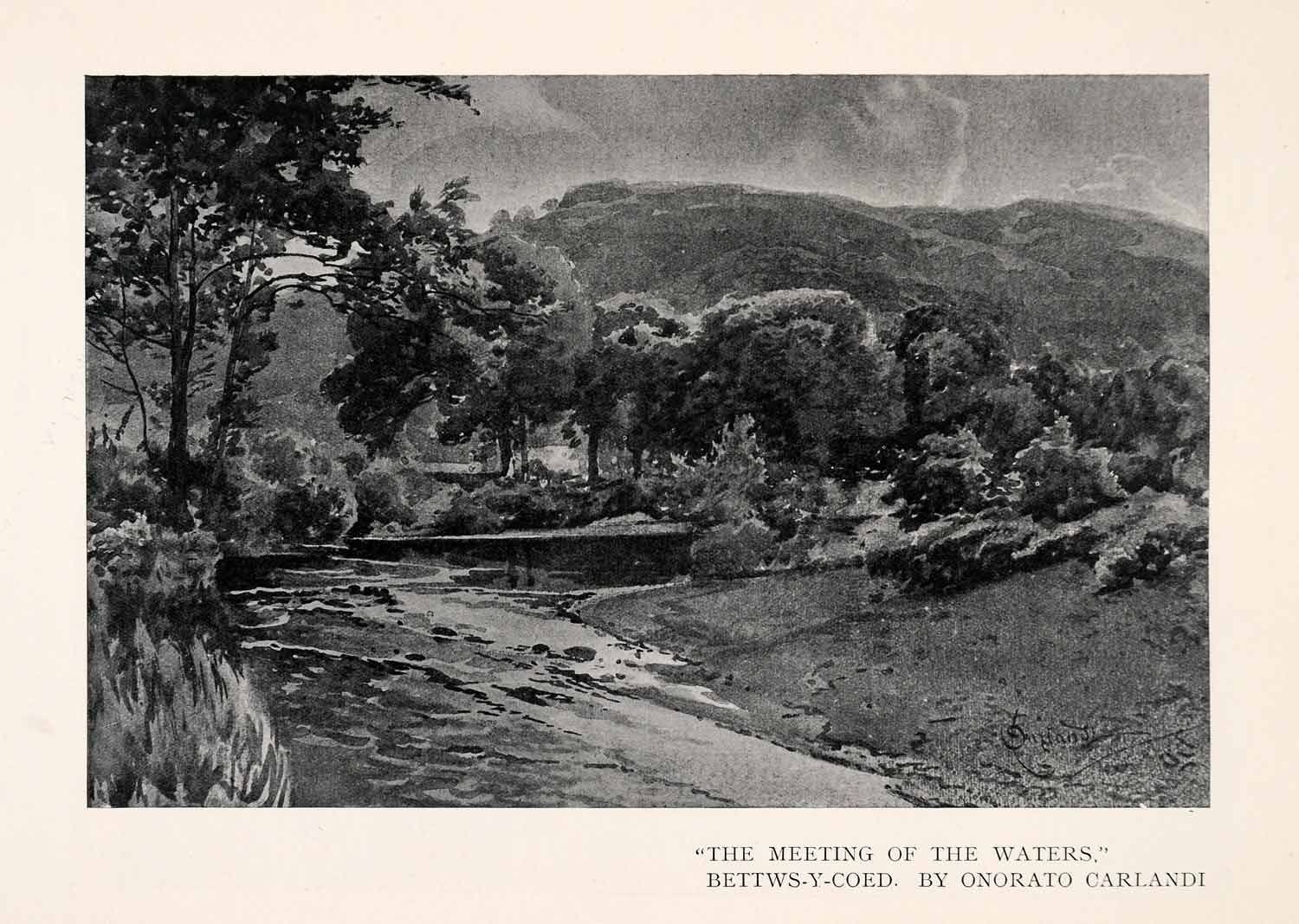 1909 Print Meeting Waters Onorato Carlandi Landscape Stream Hillside XGAA7