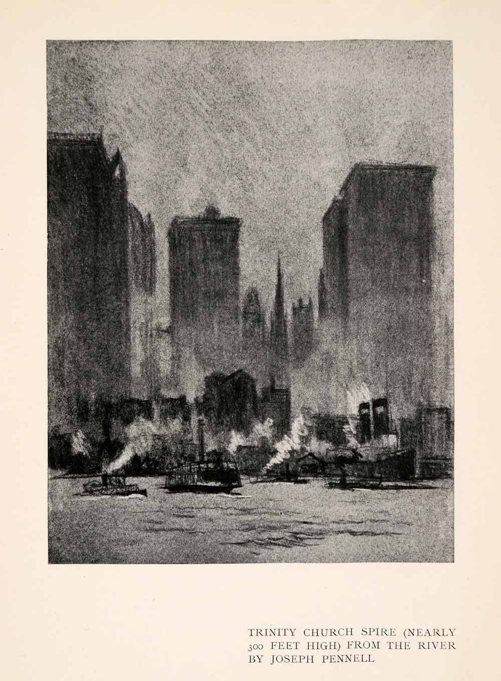 1909 Print Trinity Church Spire River Joseph Pennell New York City Skyline XGAA7