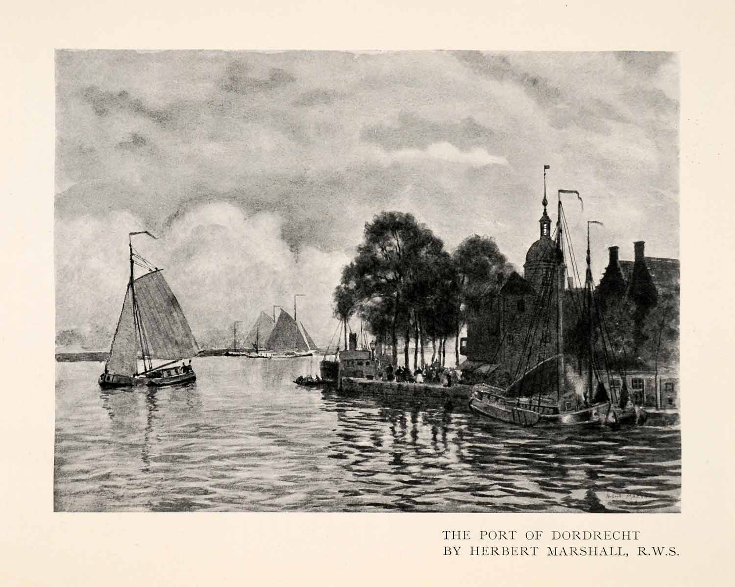 1909 Print Port Dordrecht Herbert Marshall Ship Sail Boat Dock Harbor XGAA7