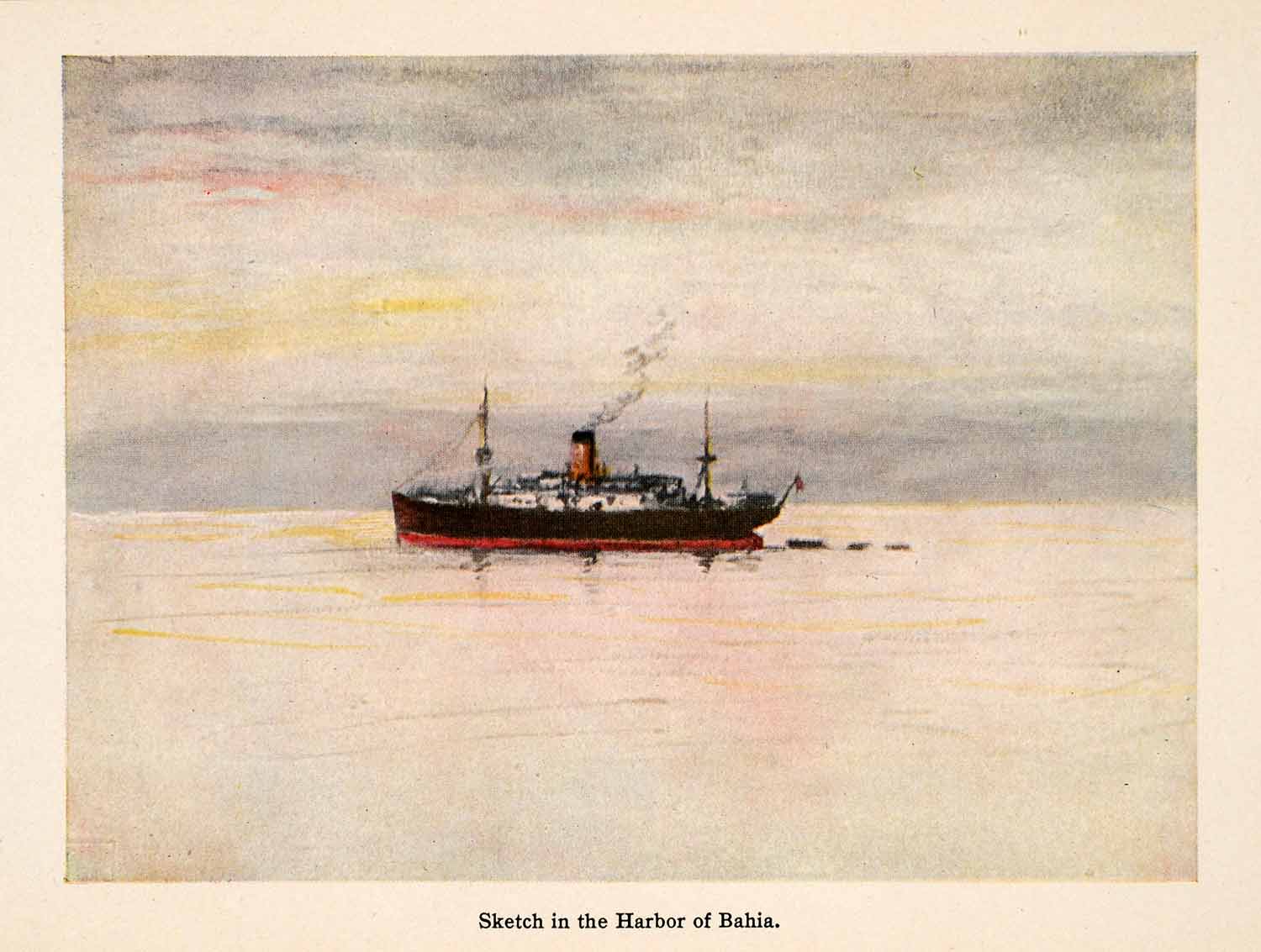 1913 Print Sketch Harbor Bahia Brazil South America Steam Ship Seaport XGAA8
