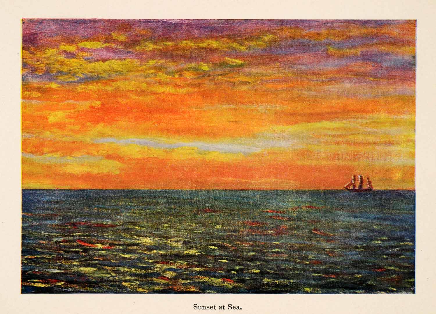1913 Print Sunset Sea Ocean Sketch Ship Sails Colorful Sky Holland South XGAA8