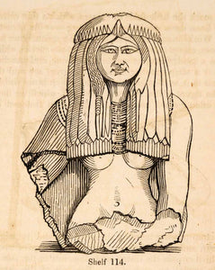1836 Wood Engraving Partial Broken Egyptian Statue Woman Priestess Braid XGAA9