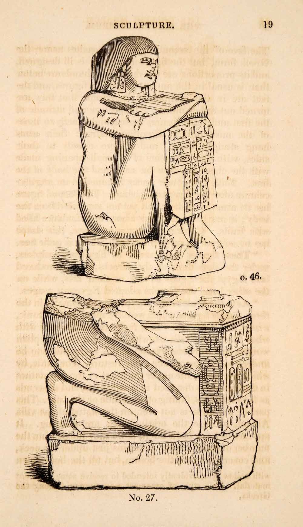 1836 Wood Engraving Egyptian Altars Statues Men Hieroglyphics Tablets XGAA9