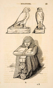 1836 Wood Engraving Egyptian Statues Falcon Horus Priestess Altar XGAA9