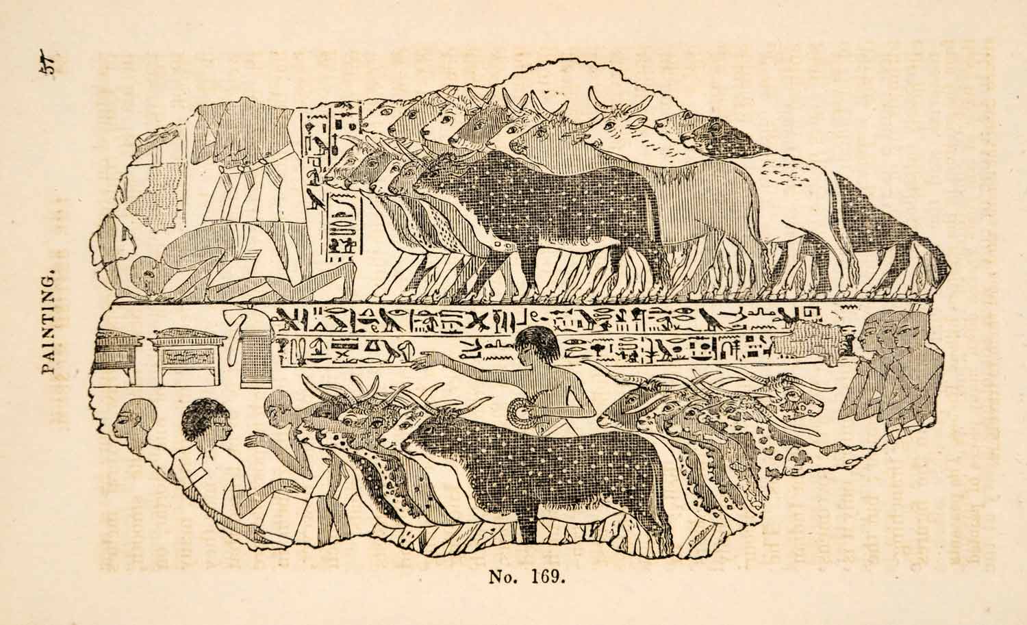 1836 Wood Engraving Herd Oxen Tribute Egyptian Ruler Peasant Hieroglyphics XGAA9