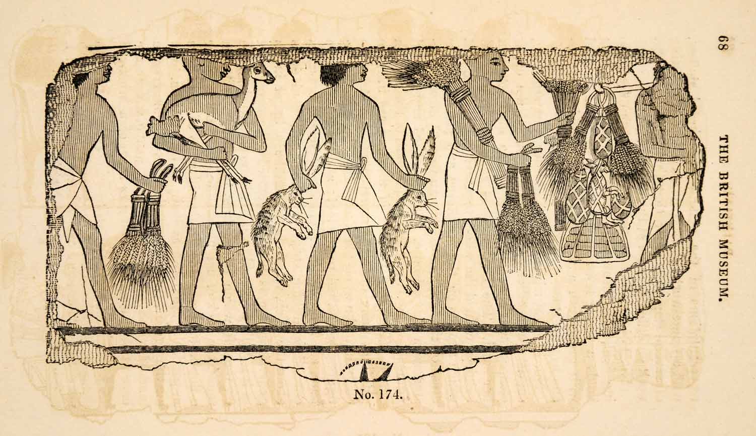 1836 Wood Engraving Egyptian Peasants Tribute Harvest Rabbit Deer Wheat XGAA9