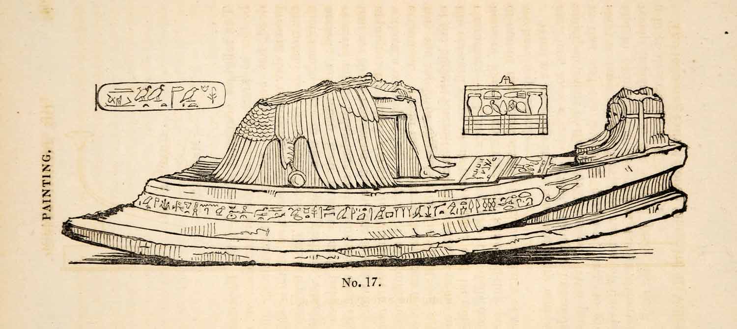 1836 Wood Engraving Egyptian Statue Boat Ship Granite Hieroglyphics Wings XGAA9