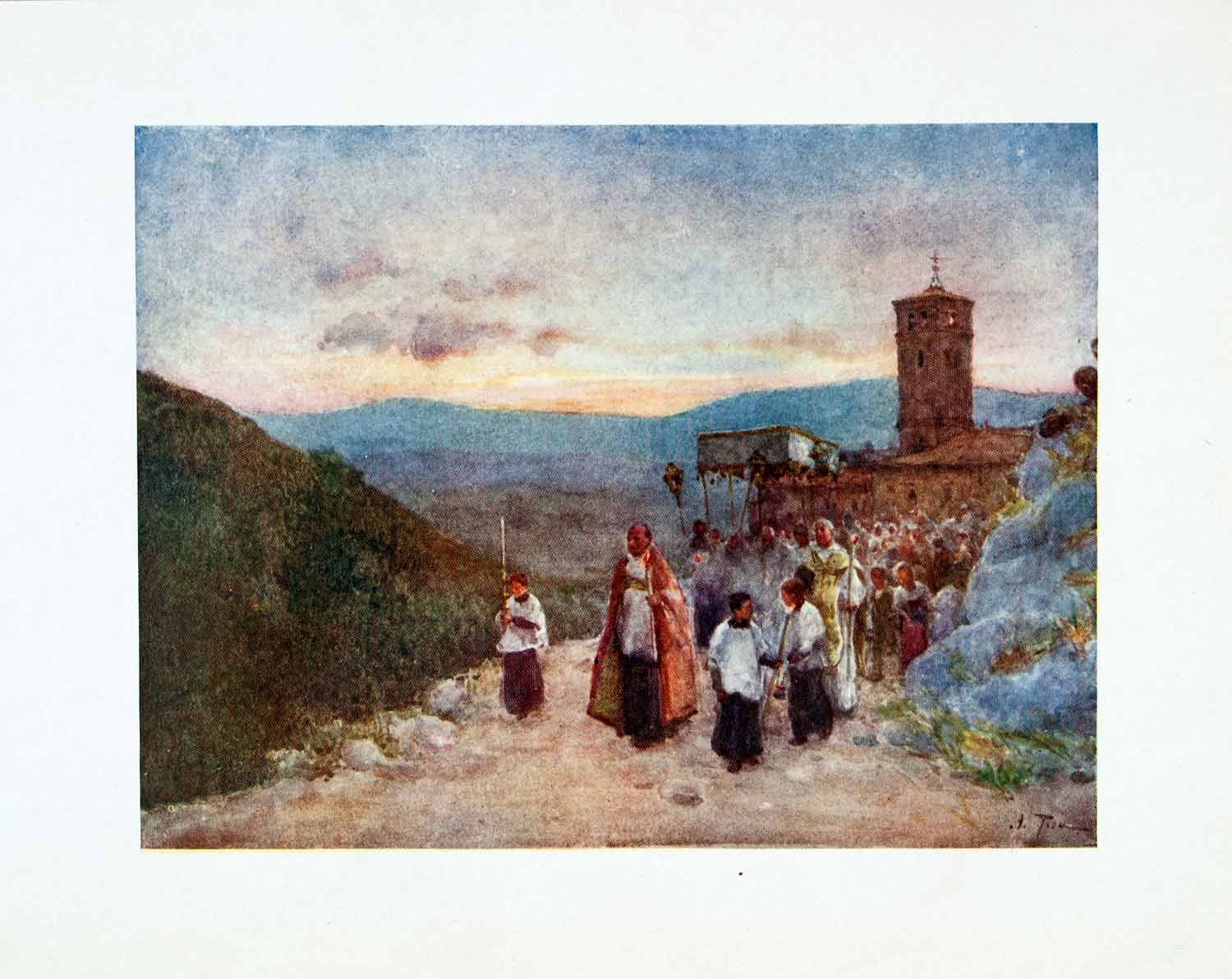 1905 Color Print Procession Host Subiaco Religion Scenic Landscape XGAB6