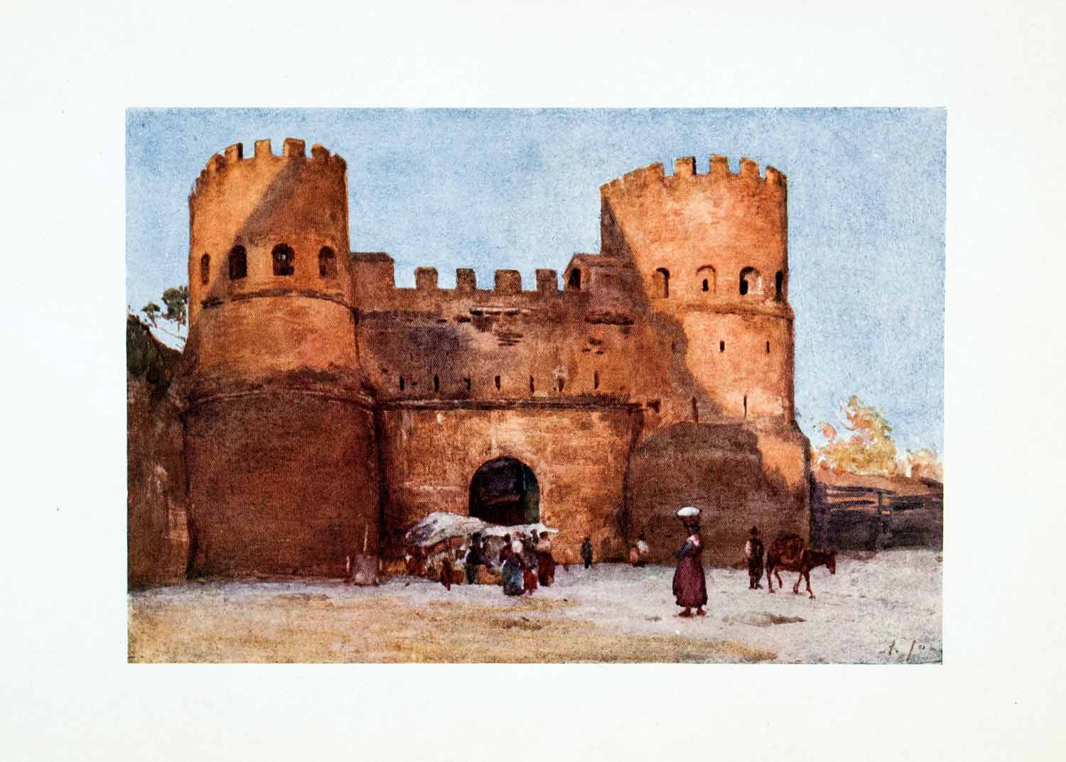 1905 Color Print Porta San Paolo Rome Italy Gate Aurelian Wall Historic XGAB6