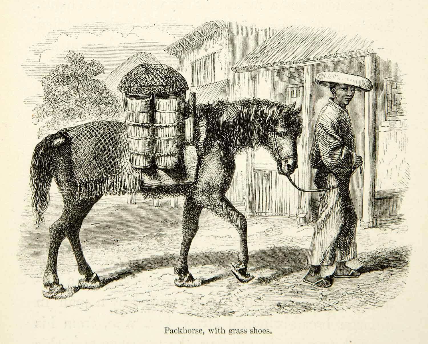 1863 Wood Engraving Packhorse Grass Shoes Japan Animal Portrait Man XGAD2
