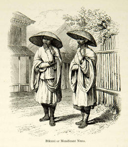 1863 Wood Engraving Bikuni Mendicant Nuns Japanese Costume Fashion Dress XGAD2