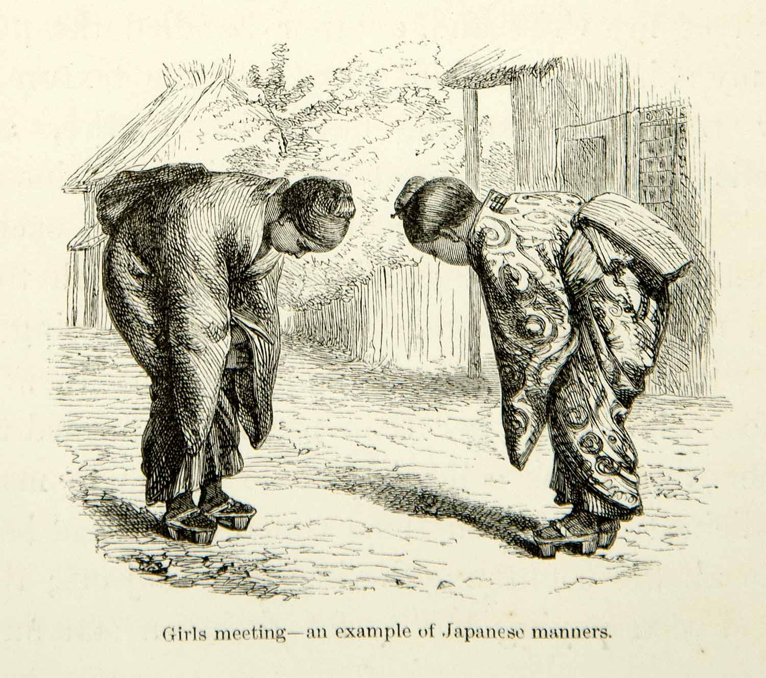 1863 Wood Engraving Girls Costume Fashion Greeting Japanese Tradition XGAD2
